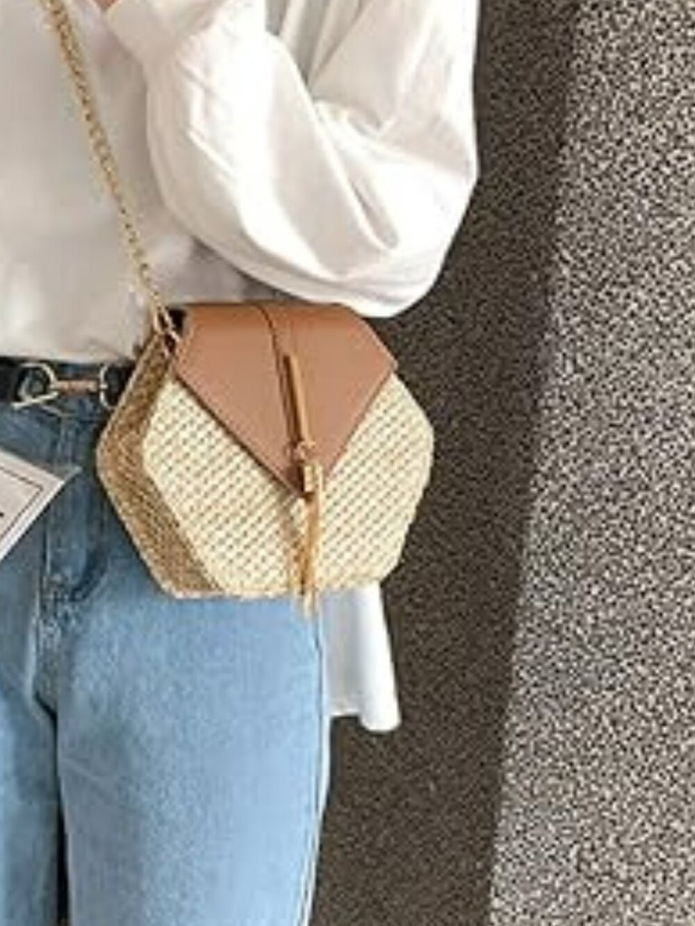 Women's Crossbody Bag Straw Shoulder Bag Brown and Gold Accents